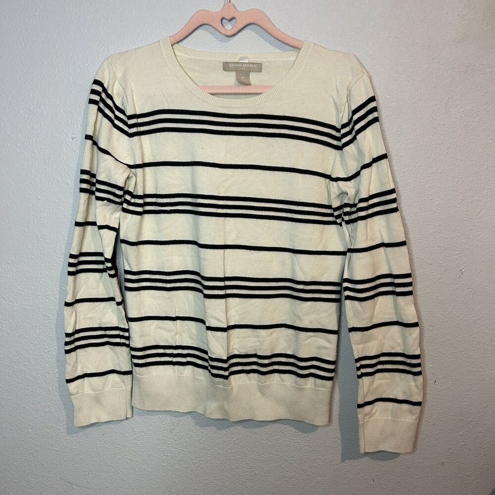 Banana Republic Size M Ivory Black Stripe Cotton Blend Sweater Top Blouse Women